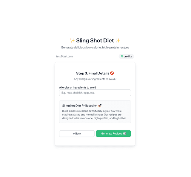 Slingshot Diet Web App - Meal Plan